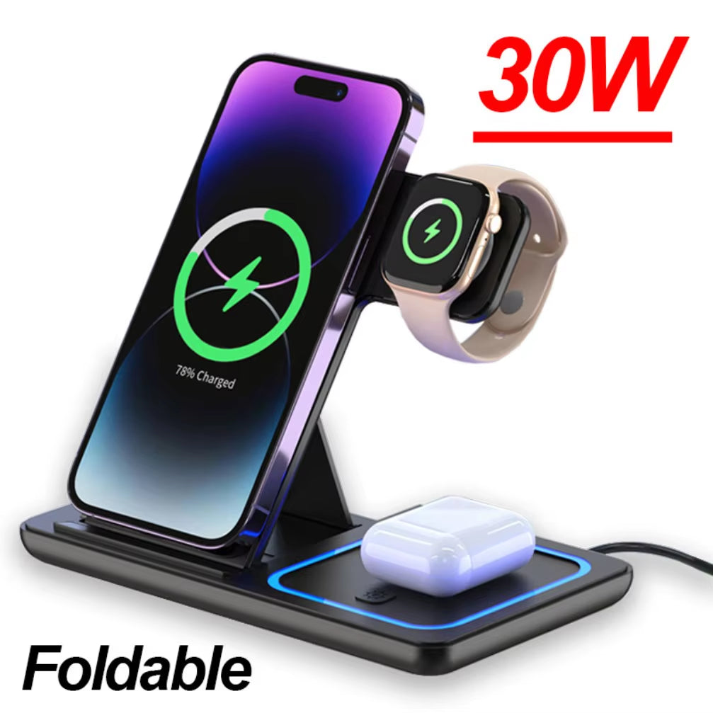 3 in 1 30W Foldable Wireless Charging Station for Iphone 16 15 14 13 12 Pro Max Iwatch Ultra Airpods Pro Fast Charger Stand Dock