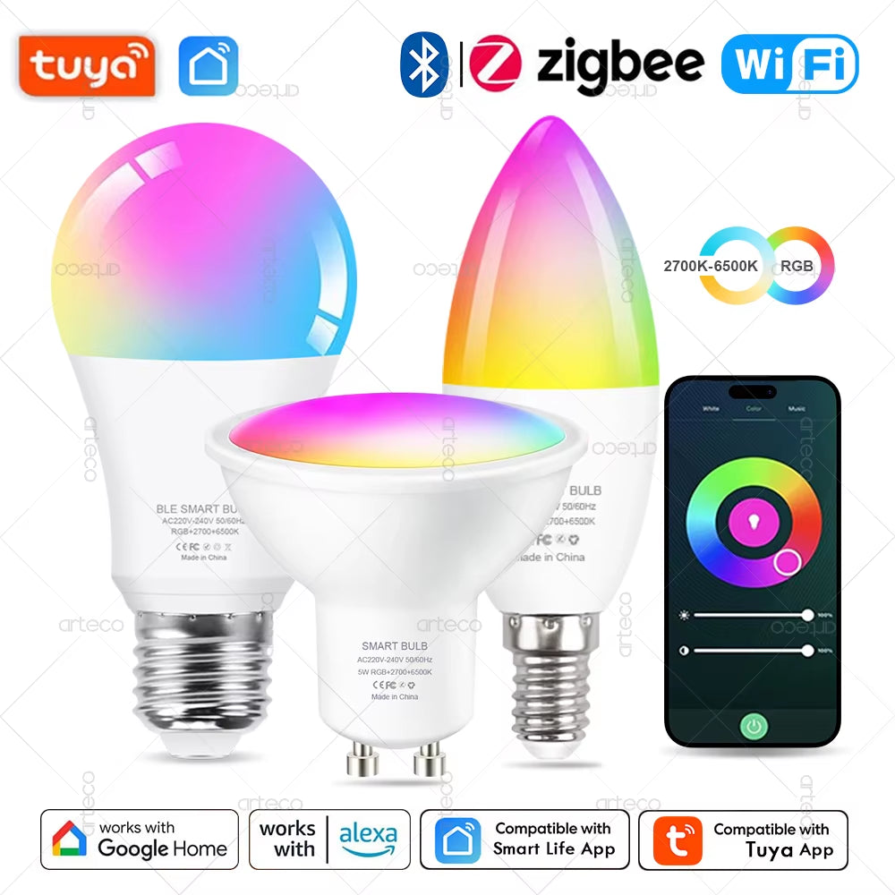 Tuya E27 E14 GU10 Bulb WIFI Zigbee Bluetooth,Dimmable Smart LED Lamp 2700-6500K RGB,LED Light Bulb Work with Alexa Amazon Google