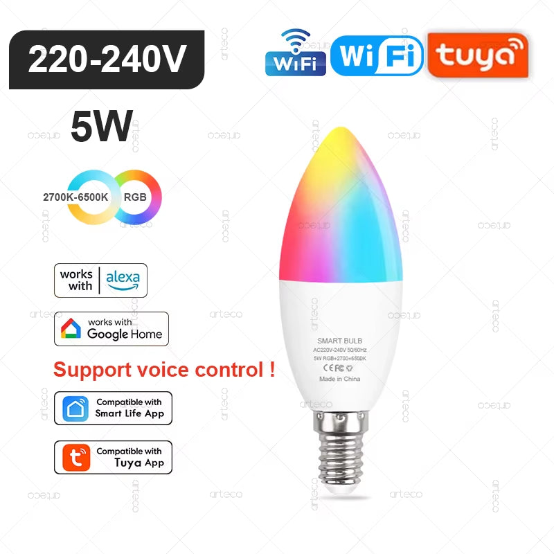 Tuya E27 E14 GU10 Bulb WIFI Zigbee Bluetooth,Dimmable Smart LED Lamp 2700-6500K RGB,LED Light Bulb Work with Alexa Amazon Google